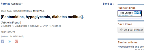 Screenshot from PubMed of article: "Pentamidine, hypoglycemia, diabetes mellitus"